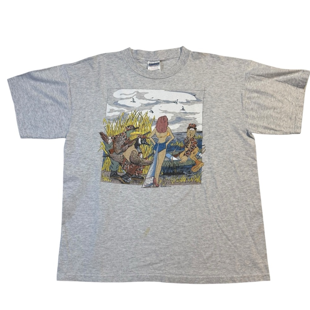 Gildan Funny Duck Hunting Cardboard Women Comic Tee Grey XL Vintage